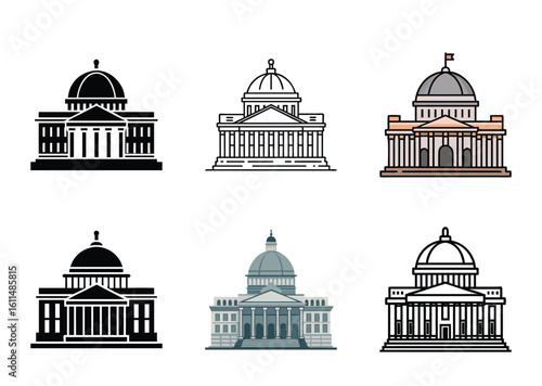 Six Capitol Building Illustrations with Different Styles and Color Palettes