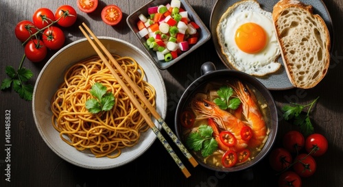 Delicious asian meal arrangement food noodles soup prawns tomatoes image