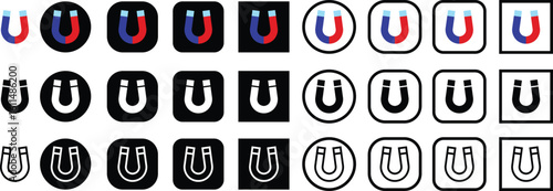 Magnet vector icon set, magnetic horseshoe symbol collection style group, electromagnet attraction force energy U shape silhouette bundle illustration