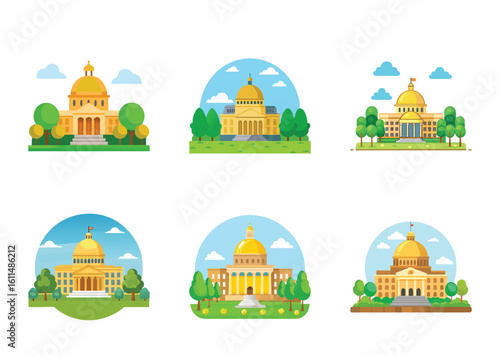 Illustrations of State Capitol Buildings with Flat Design and Circular Backgrounds