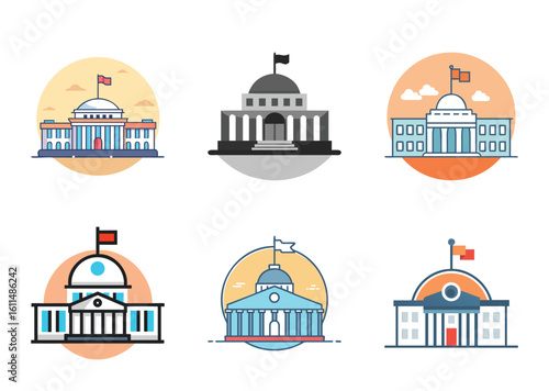 Six Different Government Buildings Depicted in Flat Vector Icons Design