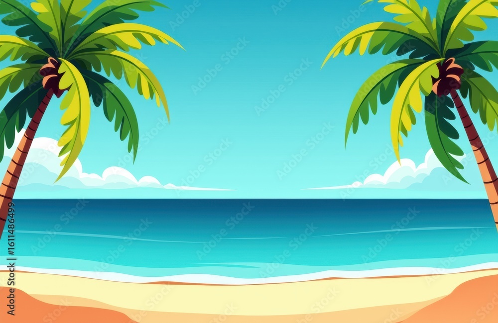 Fototapeta premium A tropical beach scene with palm trees, sandy shore, and calm ocean under a clear blue sky