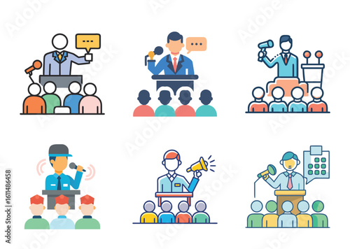 Collection of illustrations depicting speakers addressing an audience with various communication tools