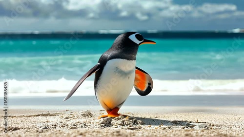 Penguin walking on sandy beach near turquoise ocean