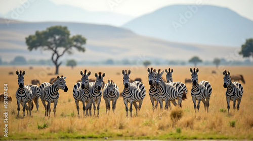 Magnificent Zebras Grazing Serenely on the African Savannah Plain Landscape