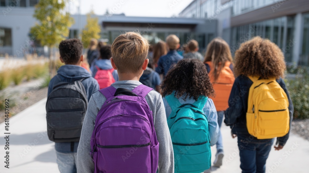 Obraz premium Diverse group of children walking to school with backpacks.