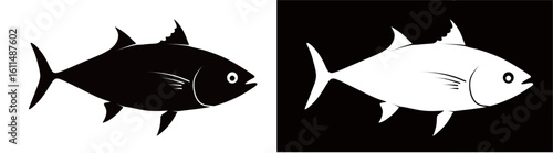 silhouette of a tuna fish isolated on a black and white background.