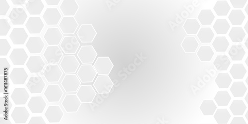 White hexagonal abstract background with fading gradient center and side-aligned honeycomb patterns. Ideal for futuristic, tech, or medical-themed templates with space for text in the middle.