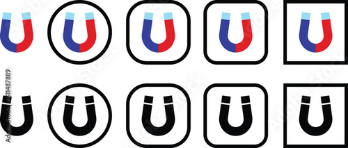 Magnet vector icon set, magnetic horseshoe symbol collection style group, electromagnet attraction force energy U shape silhouette bundle illustration
