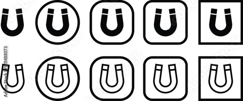 Magnet vector icon set, magnetic horseshoe symbol collection style group, electromagnet attraction force energy U shape silhouette bundle illustration