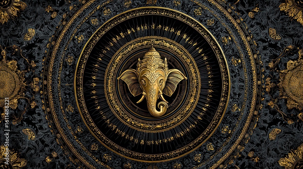 Obraz premium Intricate Golden Elephant Design with Black and Gold Background