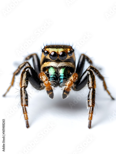 Jumping spider Philaeus chrysops isolated on white background. Dorsal view of spider.