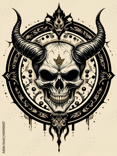 Diabolic Decree Skull Emblem Symbol Devilish Domain Horned Skull Vector