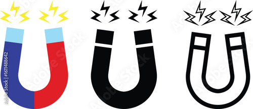 Magnet vector icon set, magnetic horseshoe symbol collection style group, electromagnet attraction force energy U shape silhouette bundle illustration