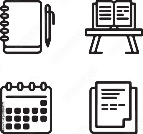 Set of four black and white icons representing office and study related items notebook pen open book on stand calendar and a document with text