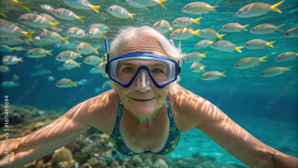 Naklejka premium An elderly woman snorkeling underwater surrounded by colorful fish in a clear ocean environment.