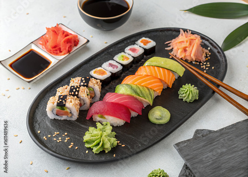 Wallpaper Mural Assorted Sushi Platter with Nigiri and Maki Rolls on Elegant Black Plate Torontodigital.ca