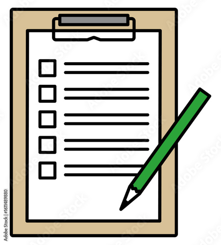 アンケートのチェックリスト、ペンとバインダーのイラストカラー