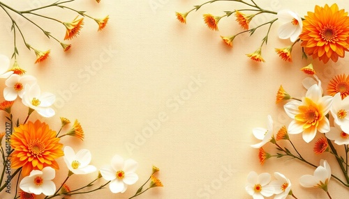 Delicate white & orange floral frame on warm beige Summery texture, orange flowers, vintage