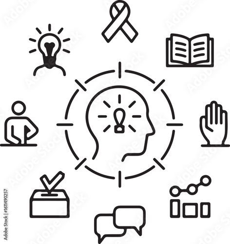 Conceptual illustration representing various aspects of life including knowledge awareness communication progress support and decision making all centered around the human mind