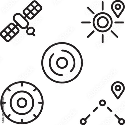 Minimalist Icon Set Representing Navigation Location Tracking and Satellite Technology in Black and White Outline Style for Modern Designs and User Interfaces
