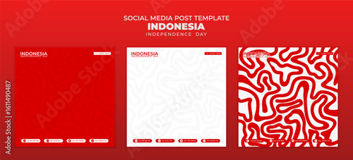 Social media post template with red and white abstract maze background for Indonesia independence day