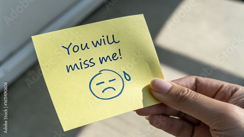 “You Will Miss Me!” Handwritten Sticky Note with Tearful Face – Emotional Goodbye Message in Sunlit Setting