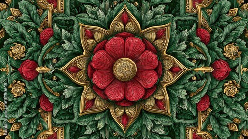 Intricate Floral Pattern Design with Red Flower and Green Leaves