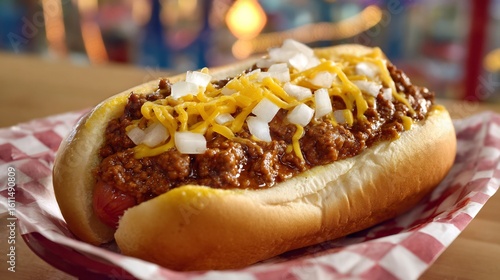Coney Island chili dog with mustard onions and thick beef chili in a retro fairground setting