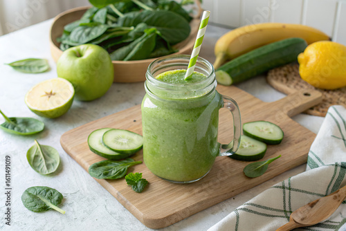 Green Smoothie with Fresh Ingredients – Healthy Outdoor Beverage on Rustic Cutting Board