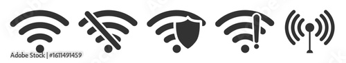 Wi-Fi icon set, wireless signal symbols, internet connection, hotspot, mobile network, communication sign on transparent background.