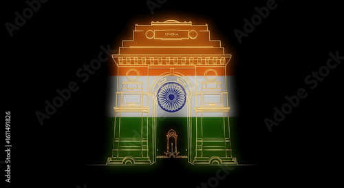 India Gate monument illuminated with the colors of the Indian flag against a black background, glowing effect.