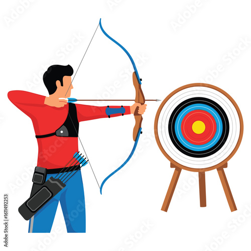 Archer aiming at target with bow and arrow