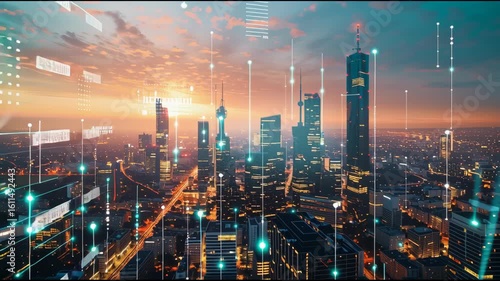 Wallpaper Mural Futuristic Skyline with Digital Overlays and Layered Rooftop Solar Arrays at Sunset, Showcasing Modern Cityscape and Technology Integration Torontodigital.ca