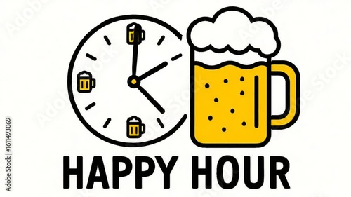 Happy Hour Concept with Clock and Beer Mug Icon in Minimalist Design