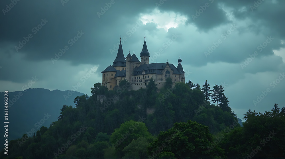 Magnificent Castle Perched atop a Verdant Hill under a Dramatic Sky Magnificent Castle Perched atop a Verdant Hill under a Dramatic Sky