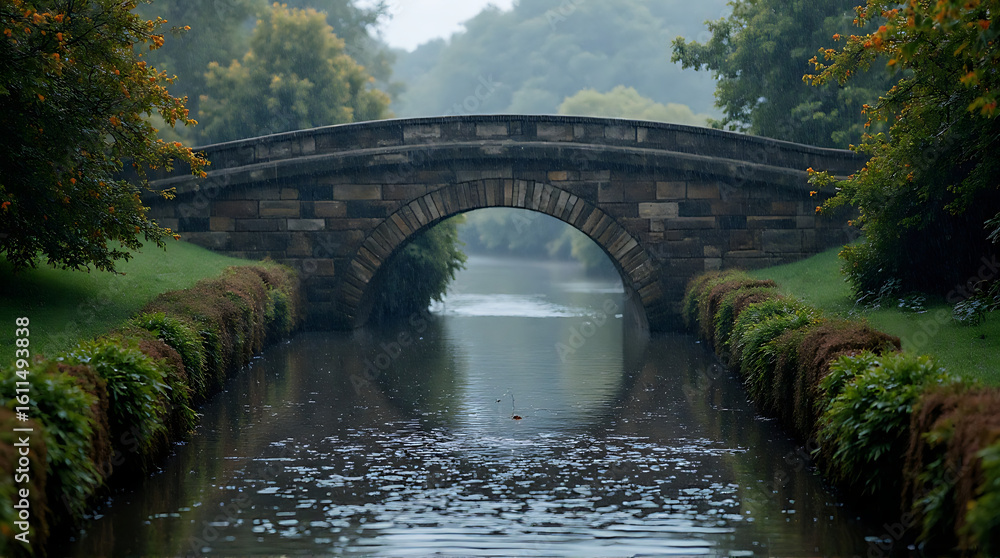Fototapeta premium Picturesque Stone Bridge Over Calm Waterway Surrounded by Lush Greenery