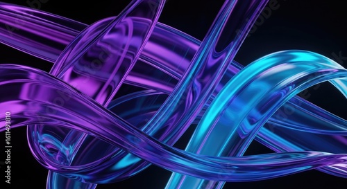 Flowing glass ribbons purple blue abstract background bright