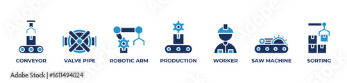 Automated Excellence Icons set vector illustration blue with Conveyor, Valve pipe, Robotic arm, Production, Worker, Saw machine, Sorting