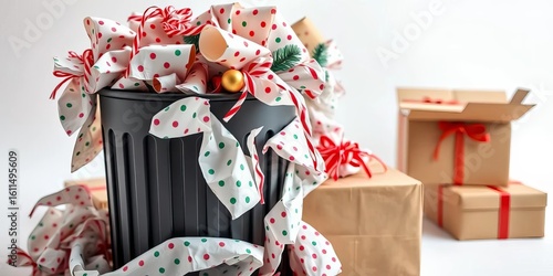 Overfilled trash can overflowing with crumpled wrapping paper and flattened cardboard Christmas boxes,  festive,  rubbish