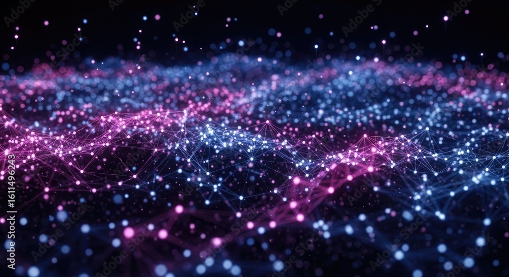 Fototapeta premium Glowing interconnected nodes and lines abstract background blue bokeh