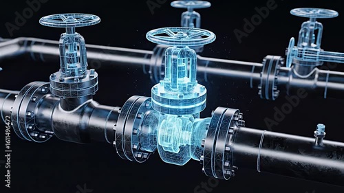 Futuristic animation of an industrial pipeline with a glowing blue wireframe hologram of a valve on a black background
