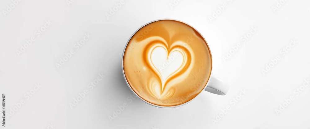 Obraz premium Overhead view of a latte cup featuring a miniature heart rosetta in creamy milk foam, isolated on white , aroma, heart