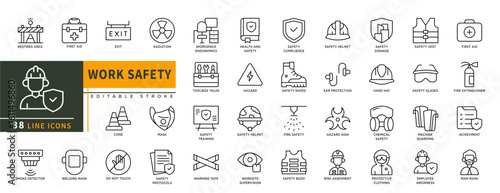 Minimalist Work Safety line icon set with editable stroke, featuring mask, safety body, shoes, helmet, toolsbox talks, fire safety, hazard sign, firs aid, chemical safety, machine guard. illustration.