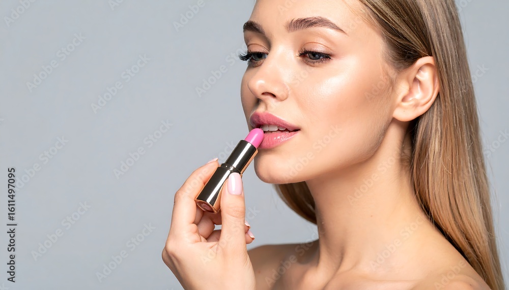 Woman applying pink lipstick (2) Woman applying pink lipstick (2)