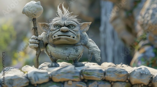3D render iconA clay troll guarding a bridge with a grumpy expression and a club in hand 3d cute