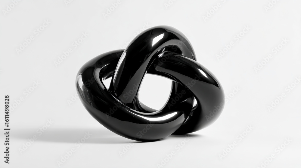 Fototapeta premium A black, glossy ceramic sculpture of an abstract shape with three intertwined lines, on a white background