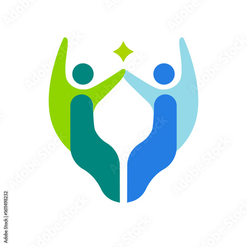Two human figures holding a star, symbolizing unity, success, and collaboration
