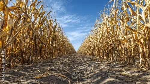A field of dried corn stalks under a clear blue sky.