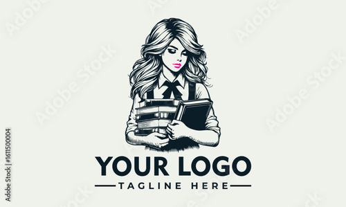 A young woman holding a stack of books, depicted in a vintage illustration style, with logo text.
